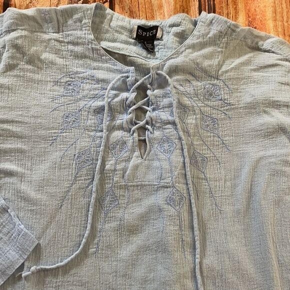 Pale Blue Cheesecloth Boho Embroidered Peasant Blouse - Picture 4 of 9